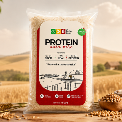 Protein mix package with a scenic background of a field and mountains.